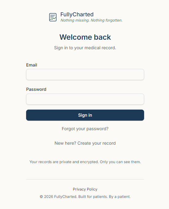 FullyCharted, a patient health-records app now live on Vercel and Supabase