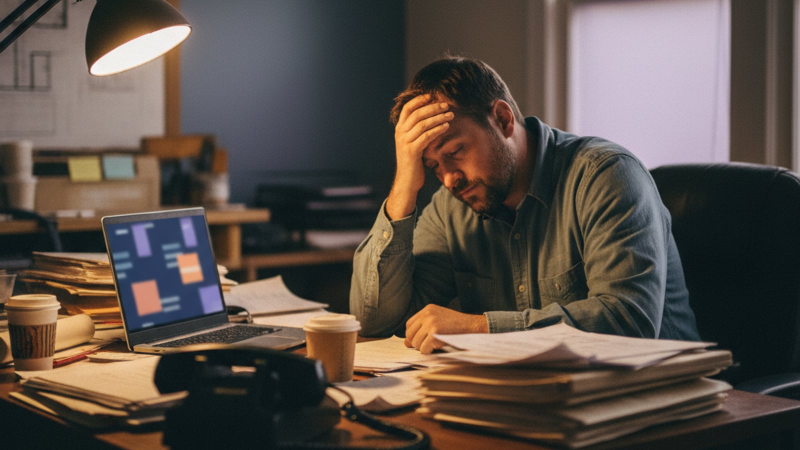 A tired contractor sits at a cluttered desk, a ringing phone in the foreground, struggling with the demands of their business without automation.