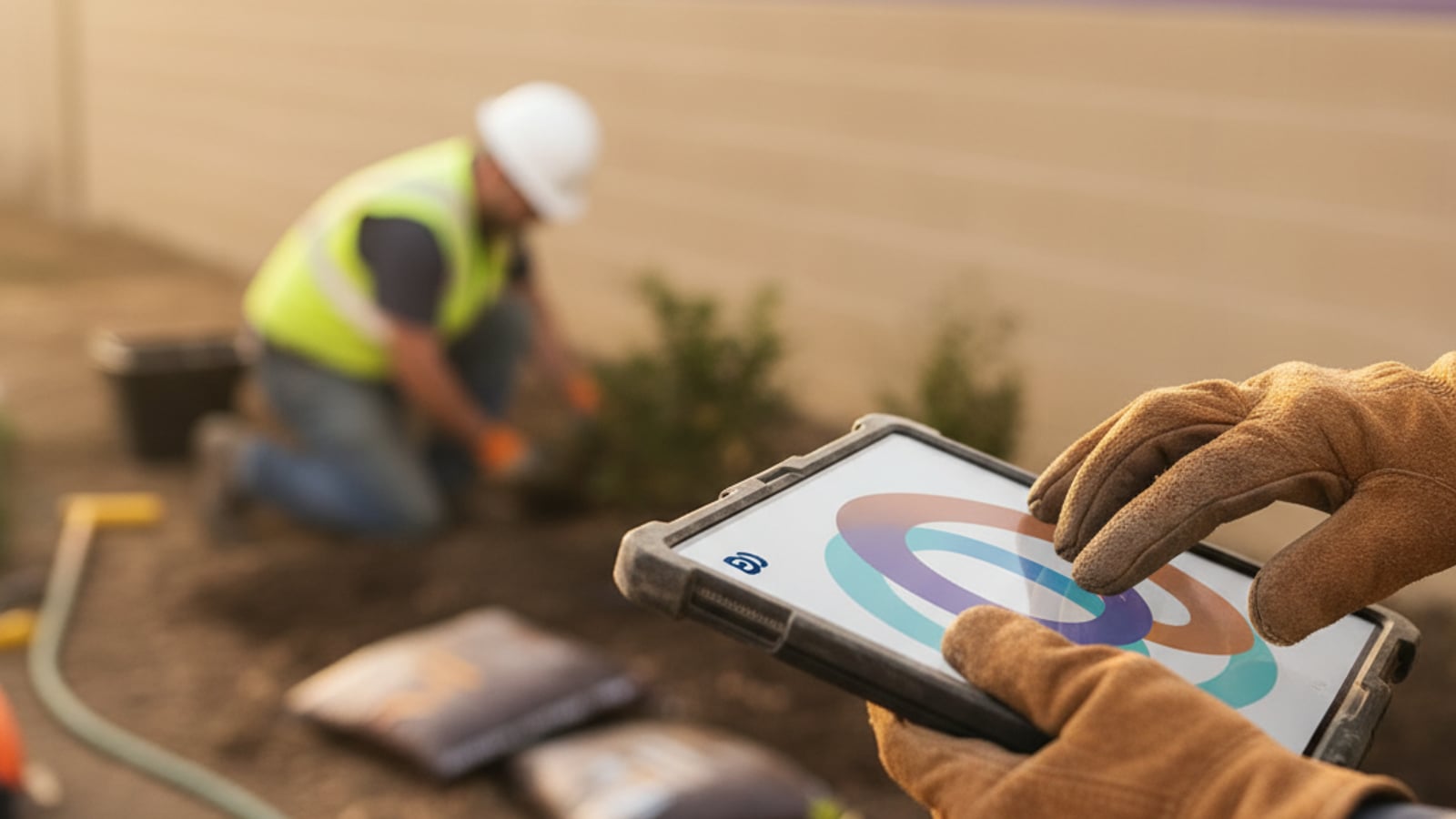 A contractor's gloved hands tap a rugged tablet on a job site, streamlining workflows with new automation for contractors.