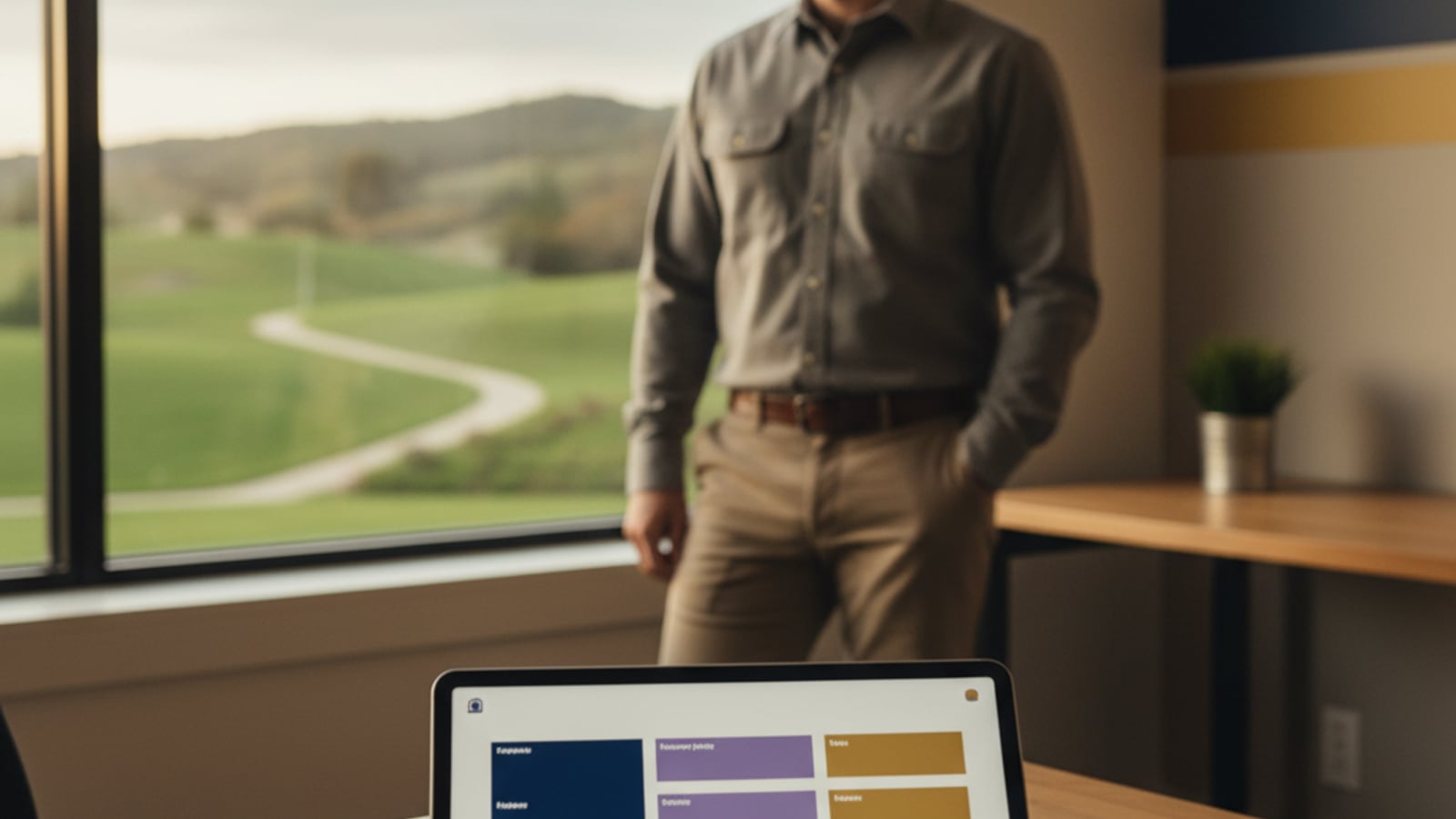 A smiling contractor reviews a clear, colorful dashboard, enjoying the growth and control brought by business automation.