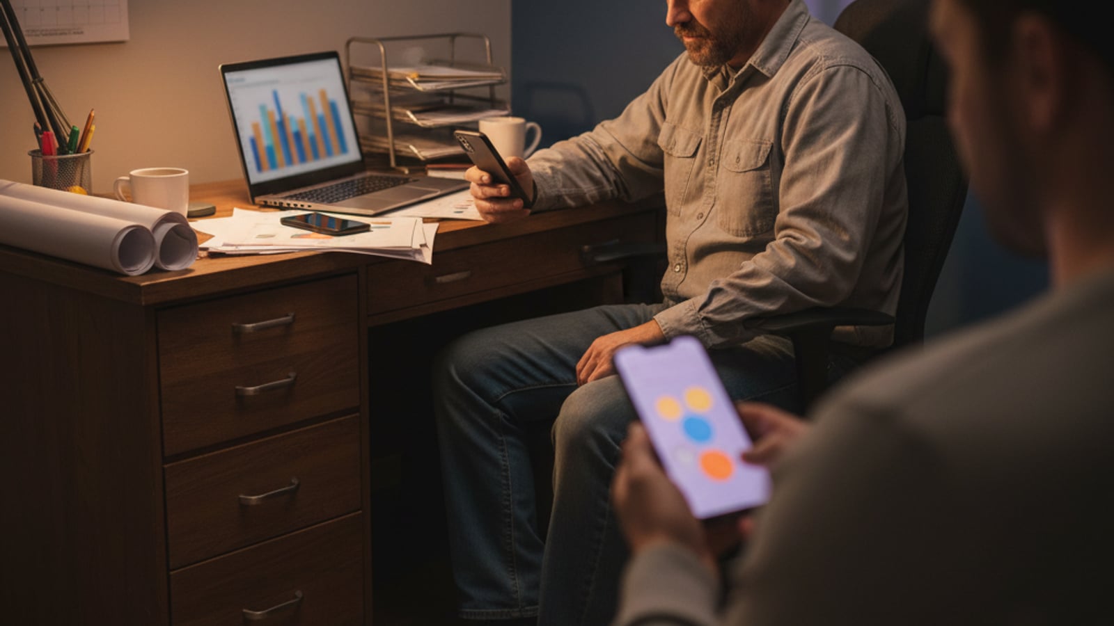 Tired contractor in a dim office at a silent phone; frustrated homeowner views their phone — needs an ai chat assistant for contractors.