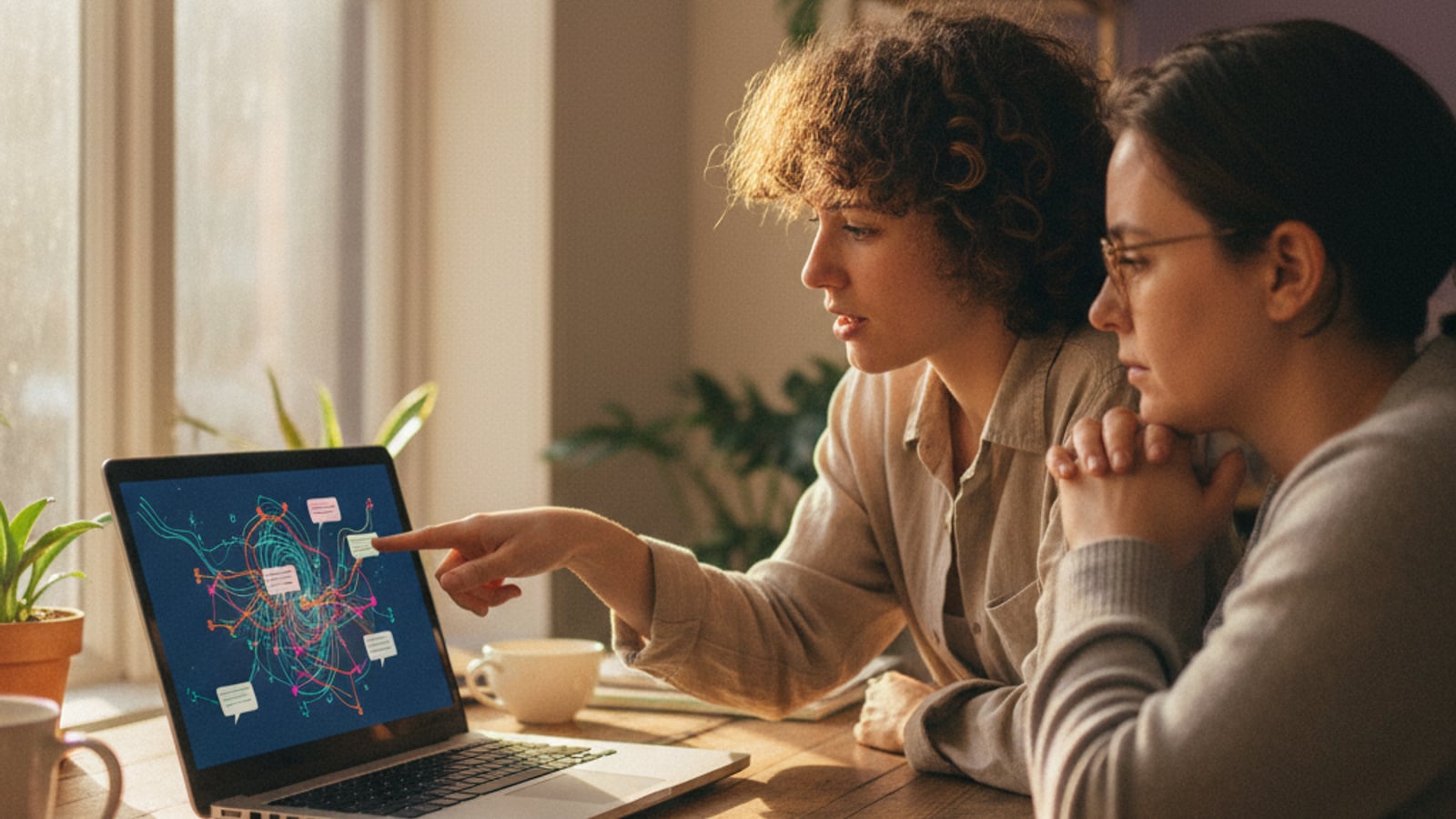 Two contractors review colorful data visualizations on a laptop, collaborating to set up an ai chat assistant for contractors and landscapers.