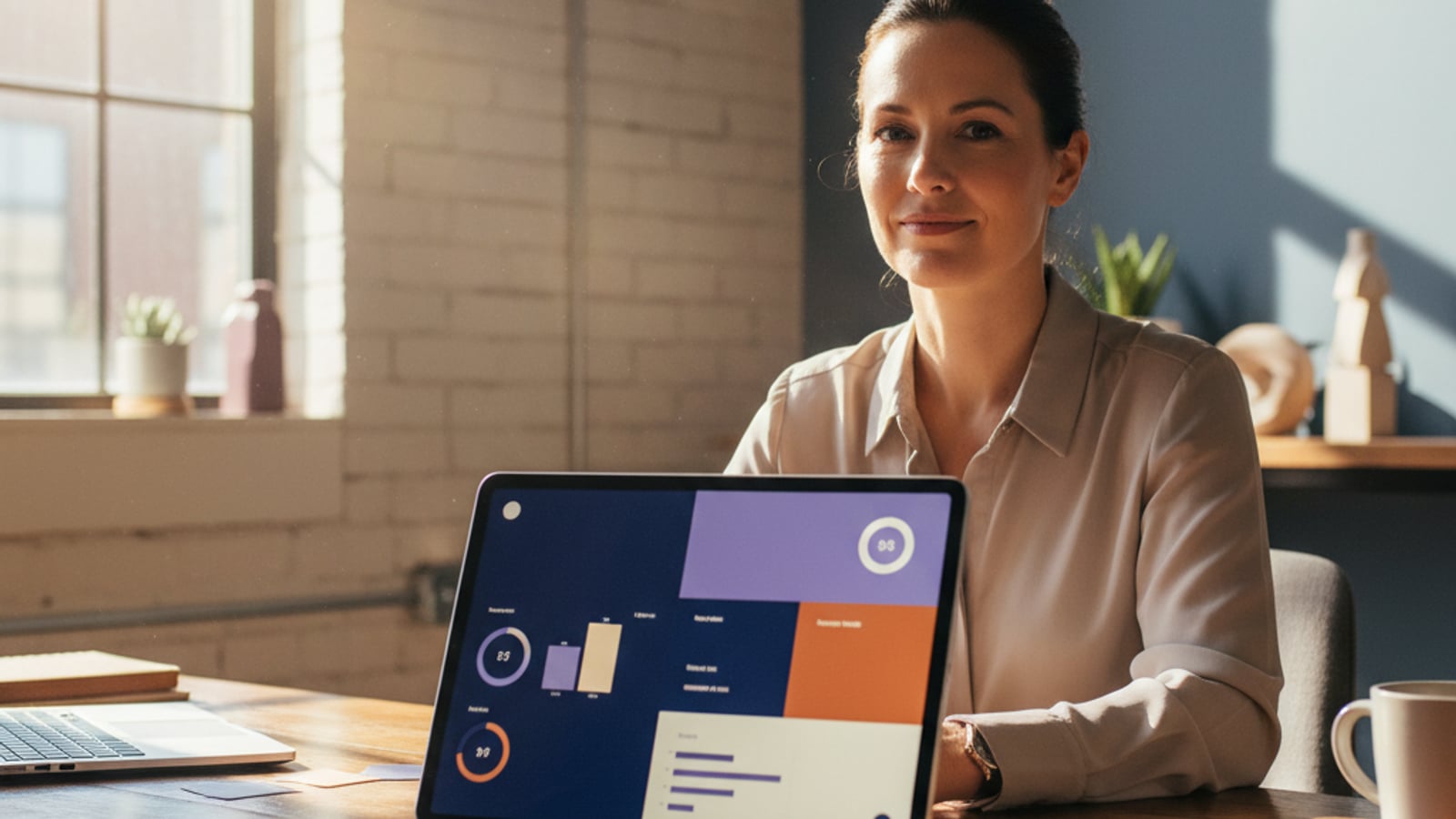 A confident contractor sits calmly at a desk, viewing a clean, color-blocked dashboard on a tablet, showing the success of their ai chat assistant.