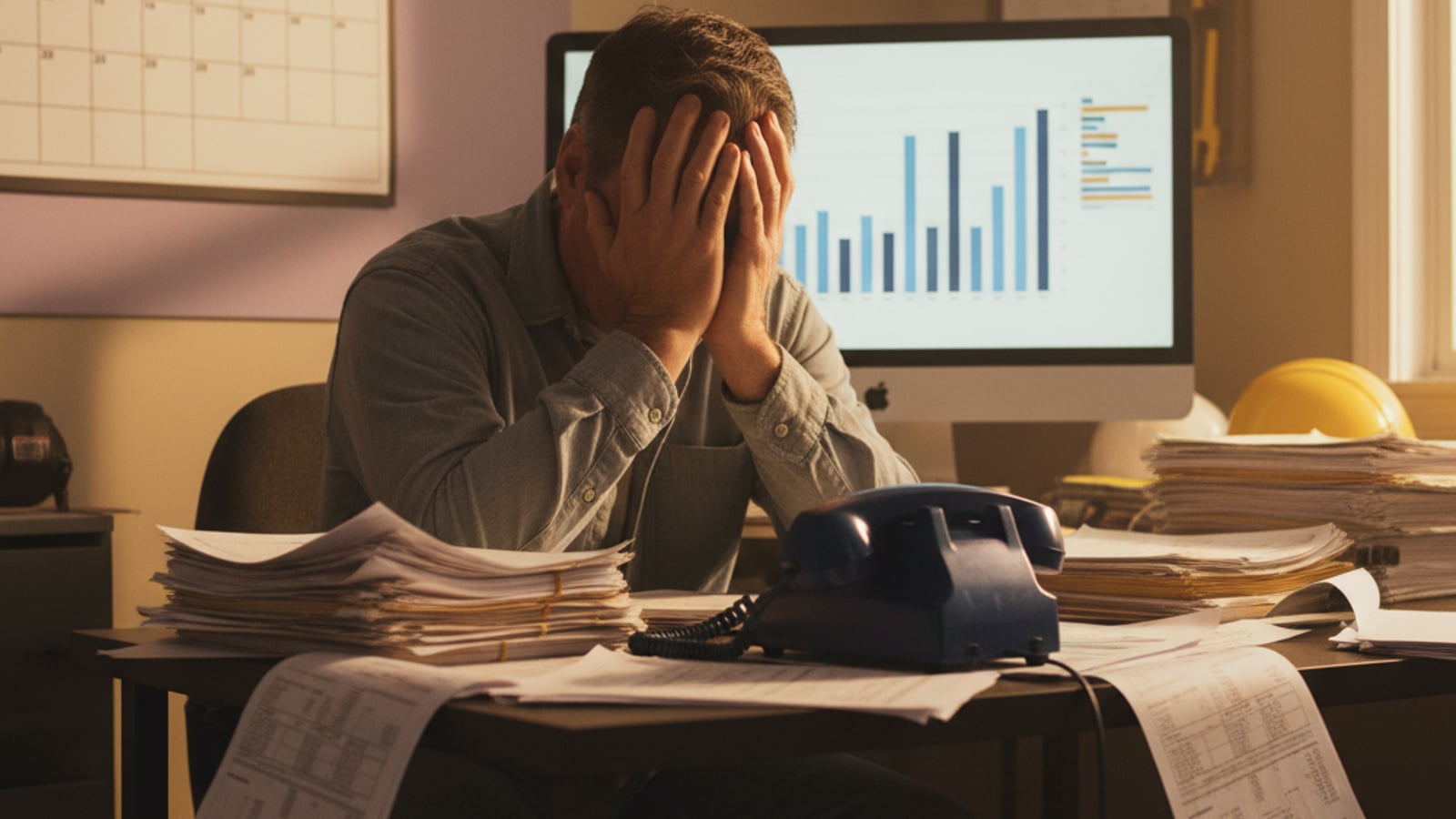 A contractor owner, overwhelmed at a cluttered desk, struggles to manage a customer retention system for contractors and landscapers.