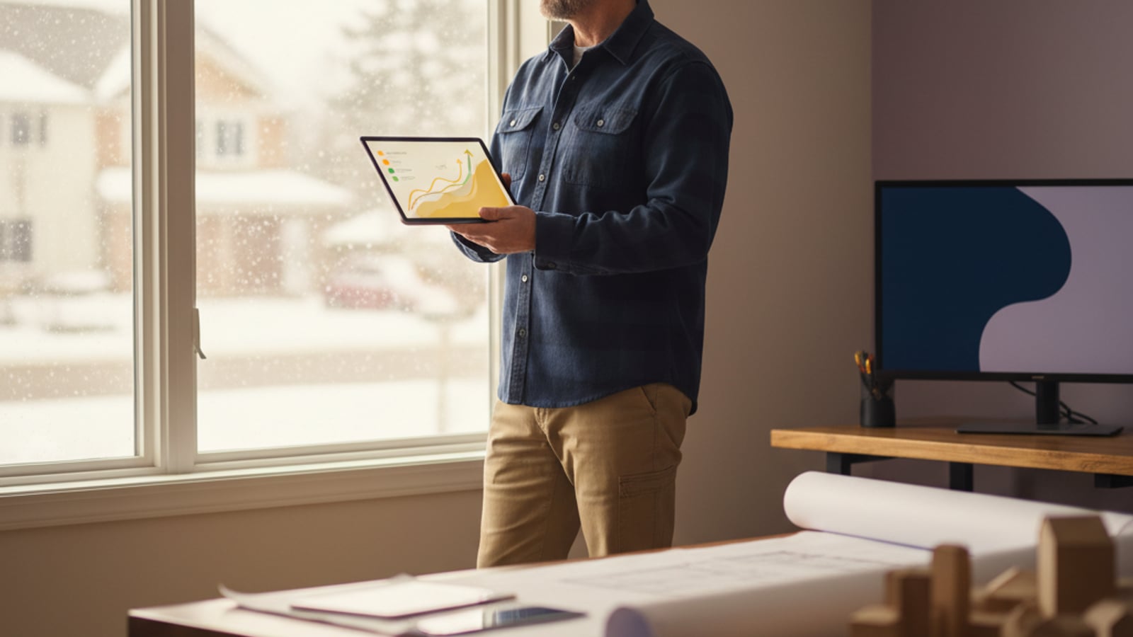 Confident contractor smiles in a clean office, viewing a tablet dashboard — a customer retention system for contractors and landscapers.