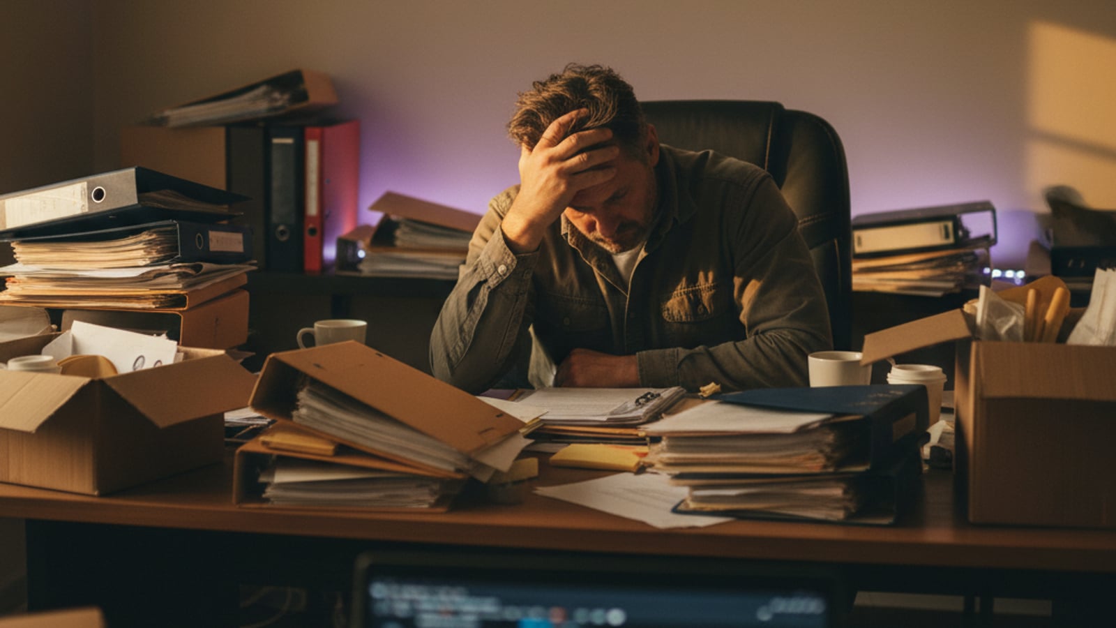 Overwhelmed contractor at a messy home office desk, surrounded by stacks of paper, struggling with manual document management.