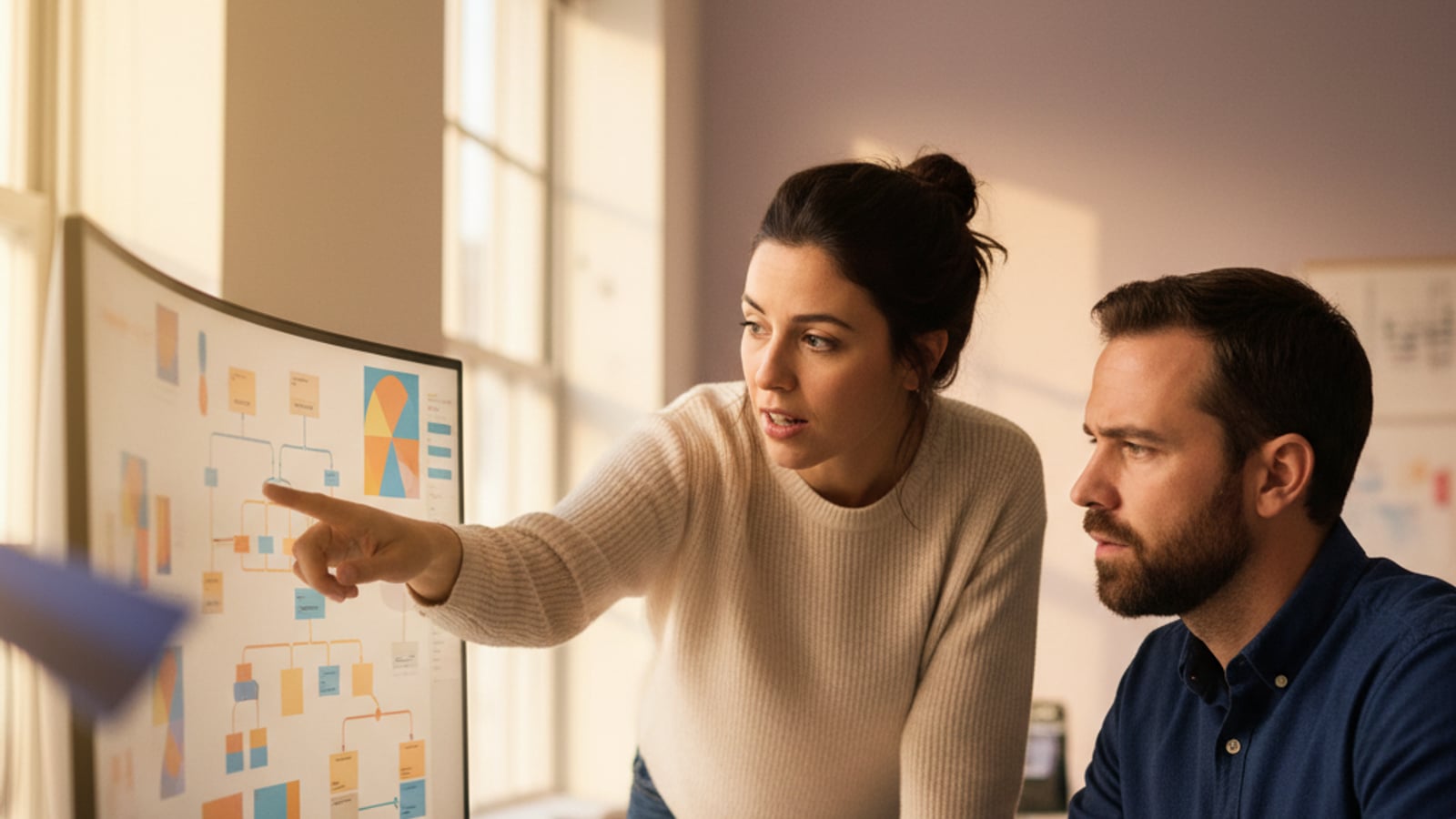 A small business team collaborates, reviewing abstract workflow charts on a large monitor for document automation.