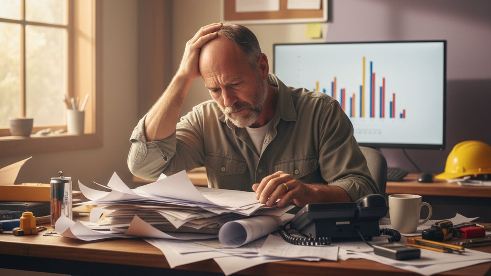 Overwhelmed contractor with a stack of unorganized paper quotes — the challenge of lead nurture automation for contractors and landscapers.
