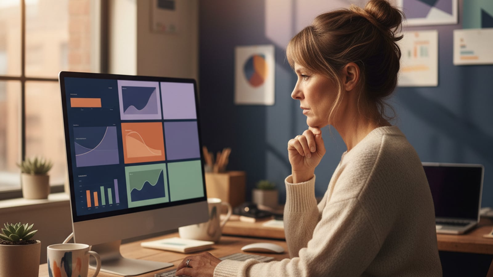 Office manager focused on a computer screen with colorful data — lead nurture automation for contractors and landscapers.