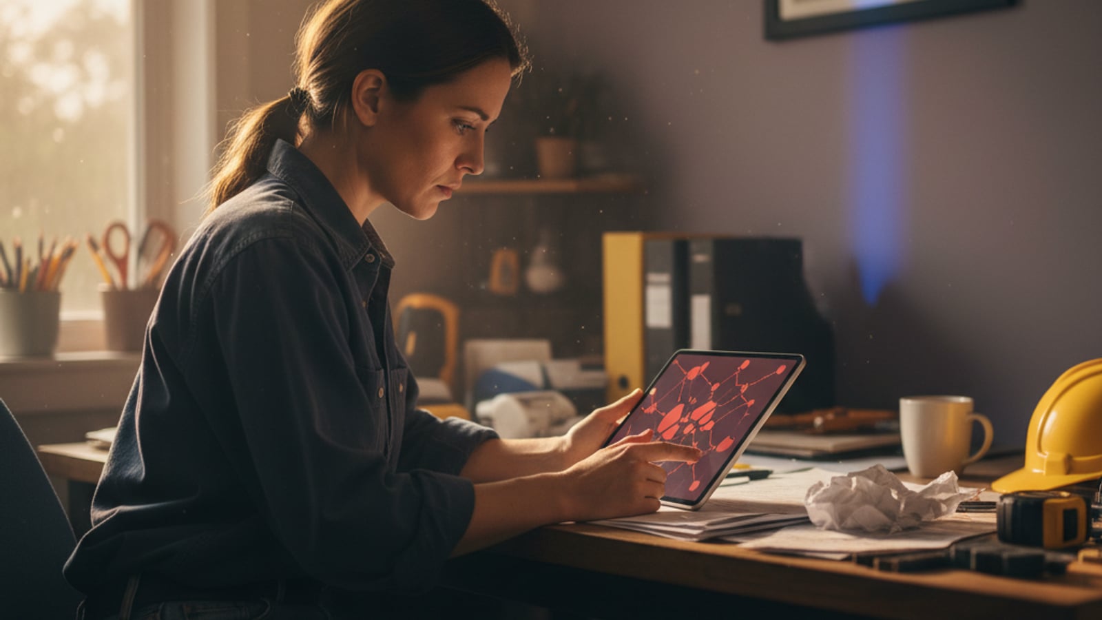 A contractor looks frustrated at a tablet, screen showing abstract low-star shapes, highlighting struggles with review management for contractors.