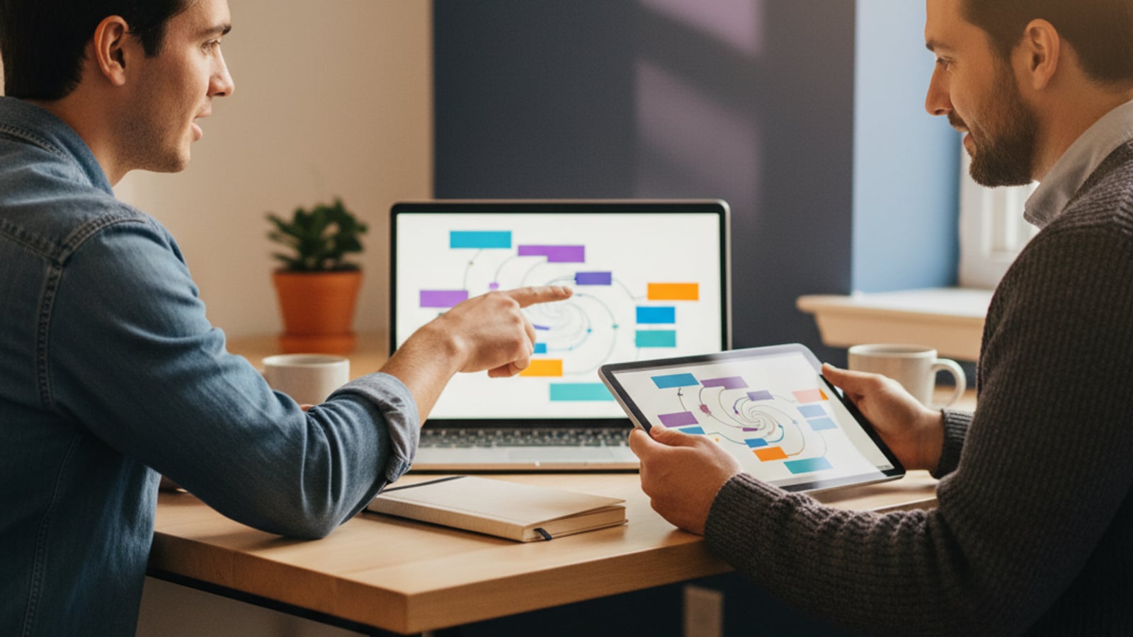Two team members collaborate, looking at a laptop screen with a colorful, abstract flow diagram for review management for contractors.