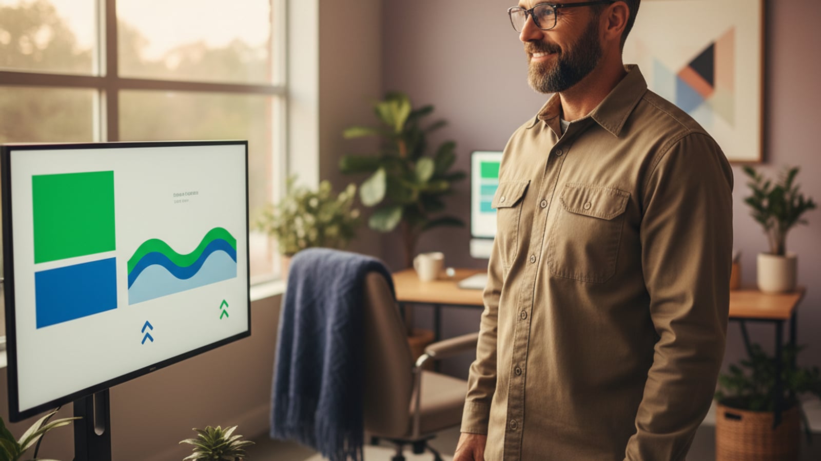 A confident landscaper smiles at a monitor with a clean dashboard showing high ratings, reflecting successful review management for contractors.