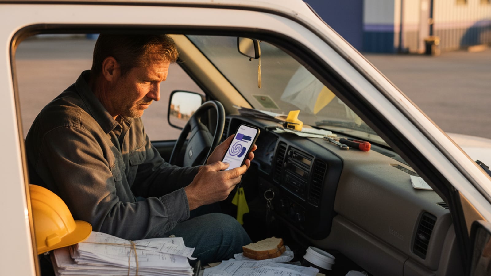 A weary contractor in his truck, frustrated by an inactive social media feed, struggling with content for contractors and landscapers.