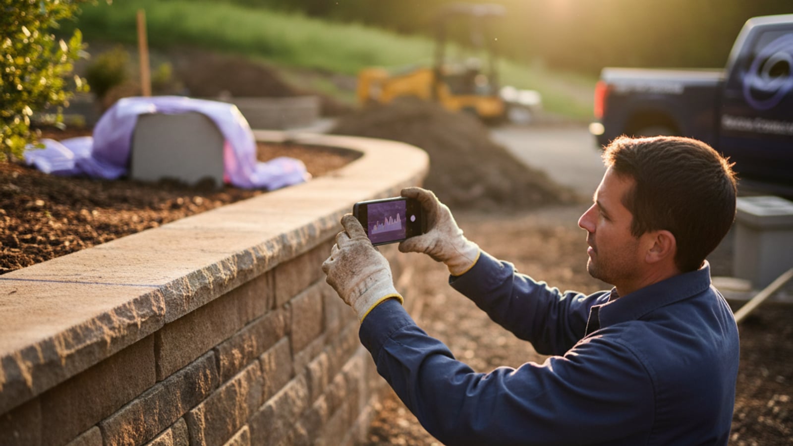 A landscaper in work gloves photographs a finished project, easily creating social media content for contractors and landscapers.