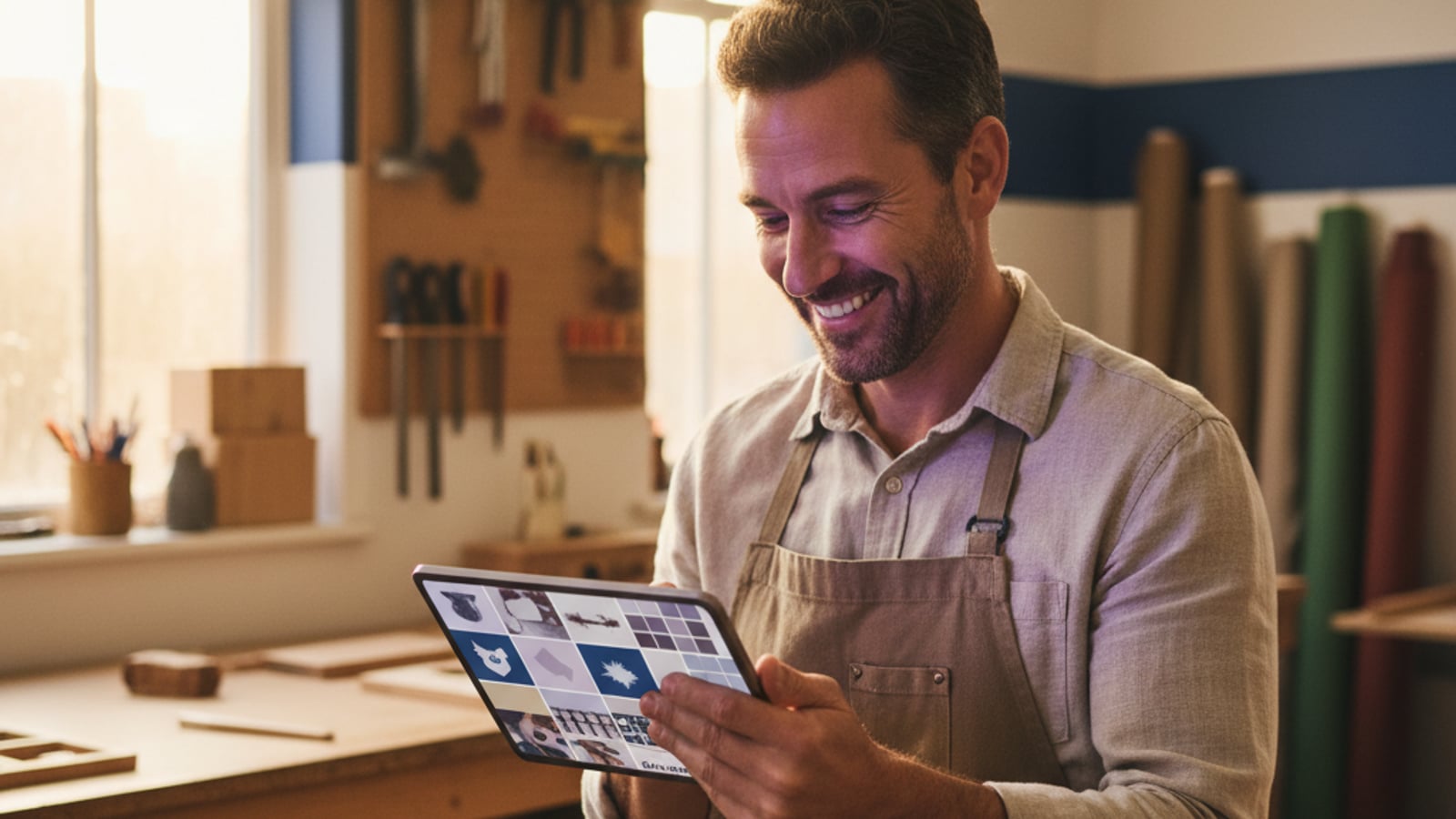 A confident business owner viewing a dynamic tablet display of active social media content for contractors and landscapers.