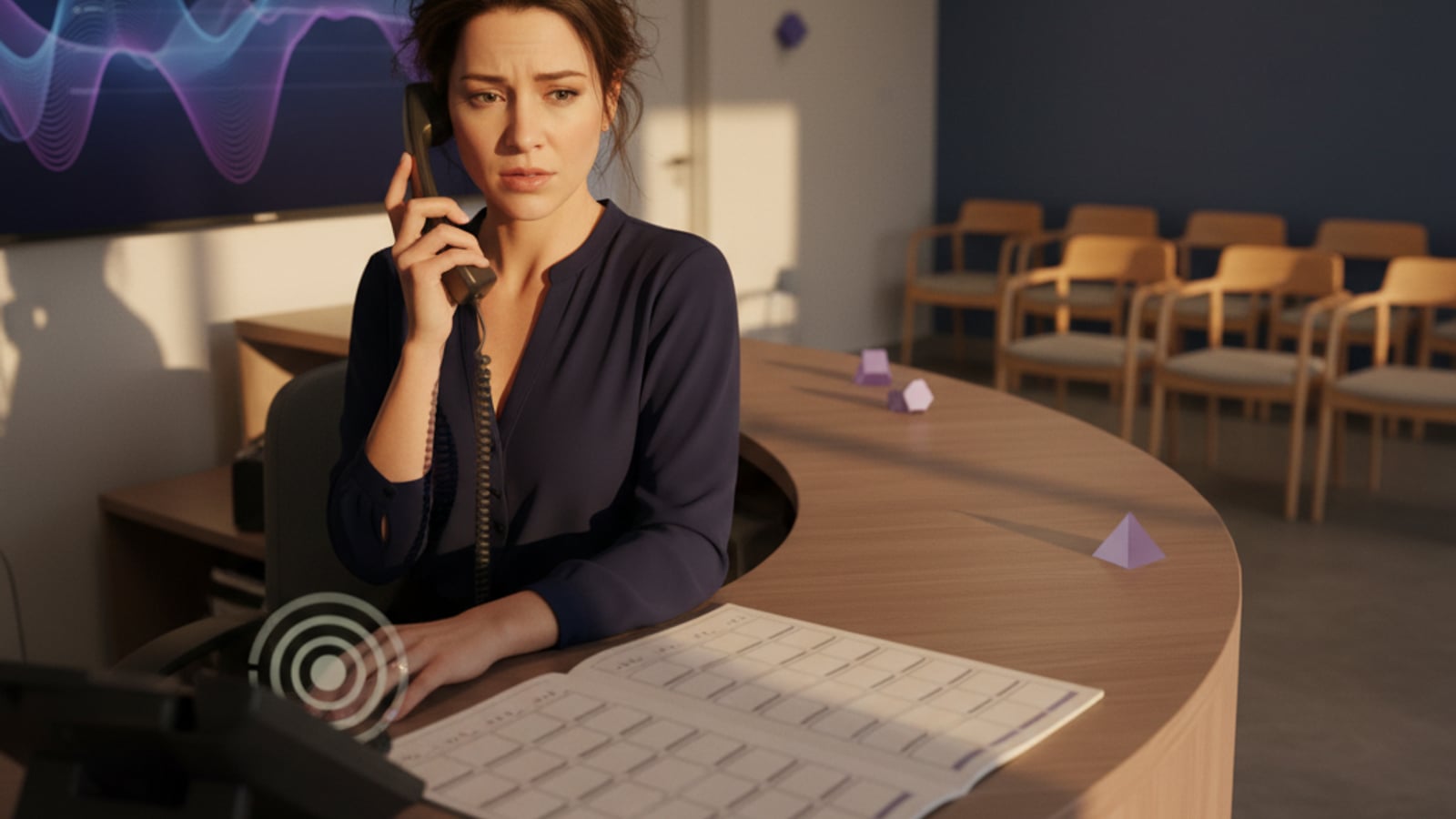 A stressed dental receptionist with a ringing phone and an empty patient waiting room, highlighting the need for automation in dental practices.