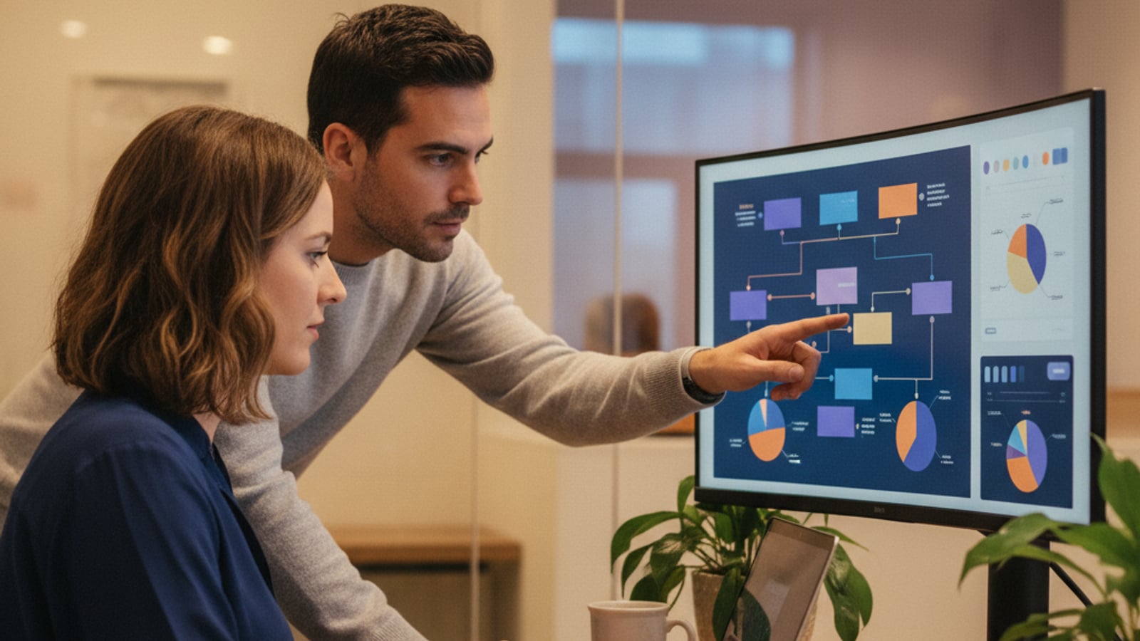 Two dental office staff members collaborating on a computer, reviewing abstract data flows for operational automation.