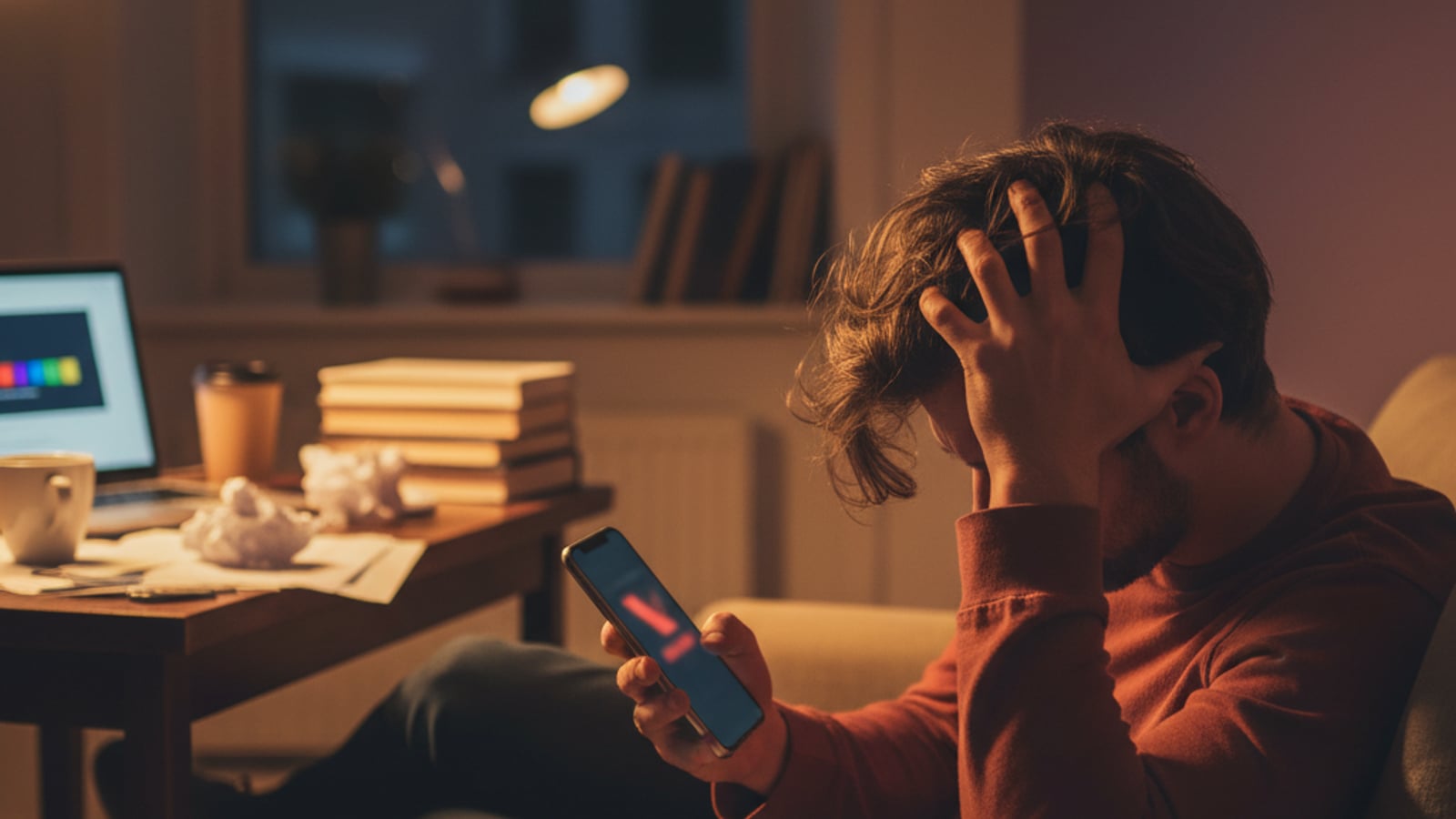 A person looks frustrated at their phone screen late at night, unable to find an ai chat assistant for dental practices.