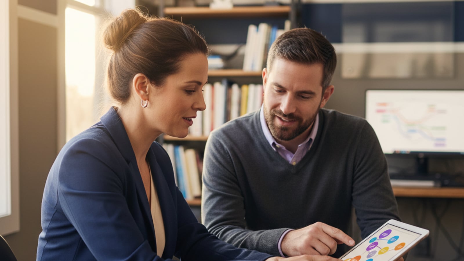A dental practice owner and a consultant review abstract chat interface designs for an ai chat assistant for dental practices.