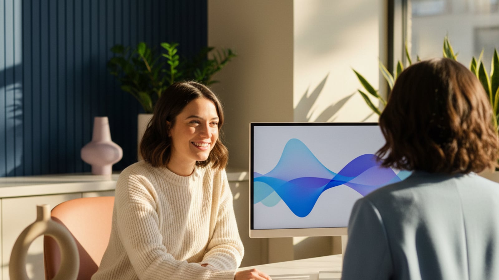 A calm dental receptionist warmly greets a patient, enjoying an efficient workflow thanks to the new ai chat assistant for dental practices.