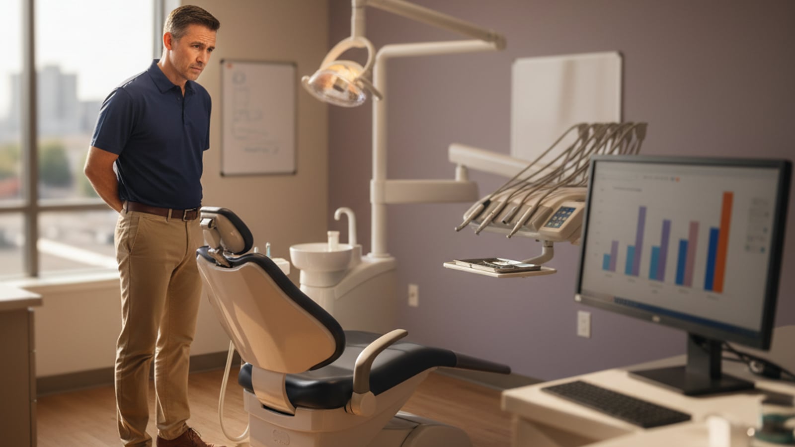 A concerned dental practice owner observes an empty hygiene chair, reflecting on the challenges of a patient retention system for dental practices.
