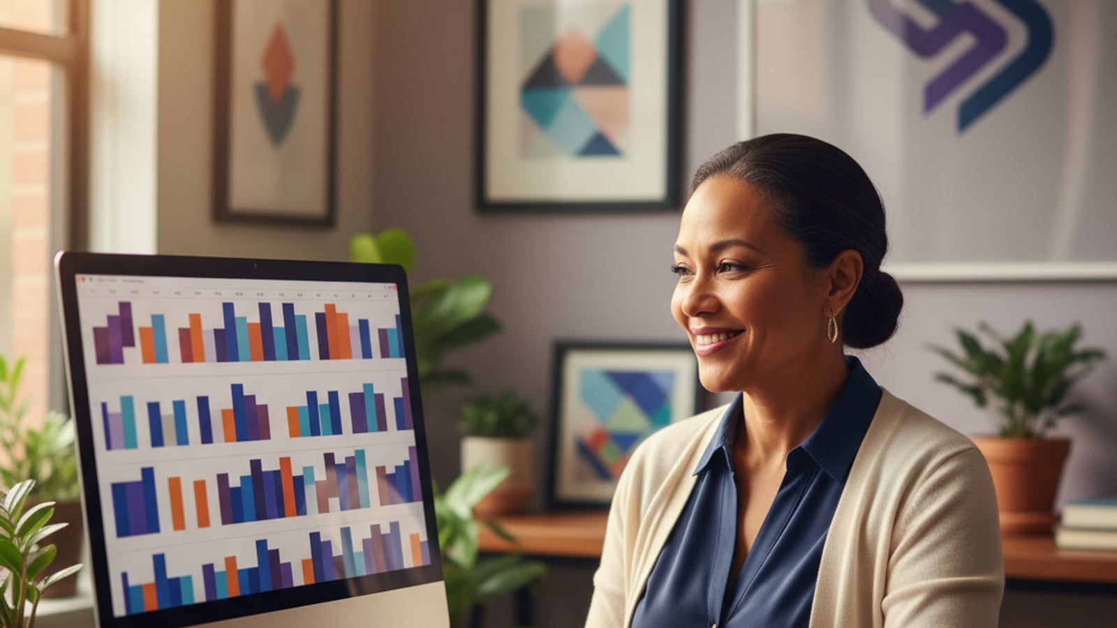 Confident dental practice owner smiles, viewing a full organized schedule — a result of a patient retention system for dental practices.