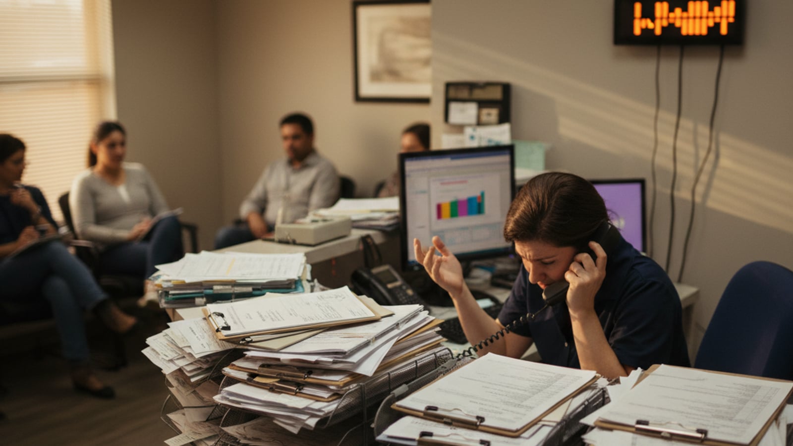 An overwhelmed dental receptionist surrounded by stacks of paper forms, struggling with manual document processing for patients.