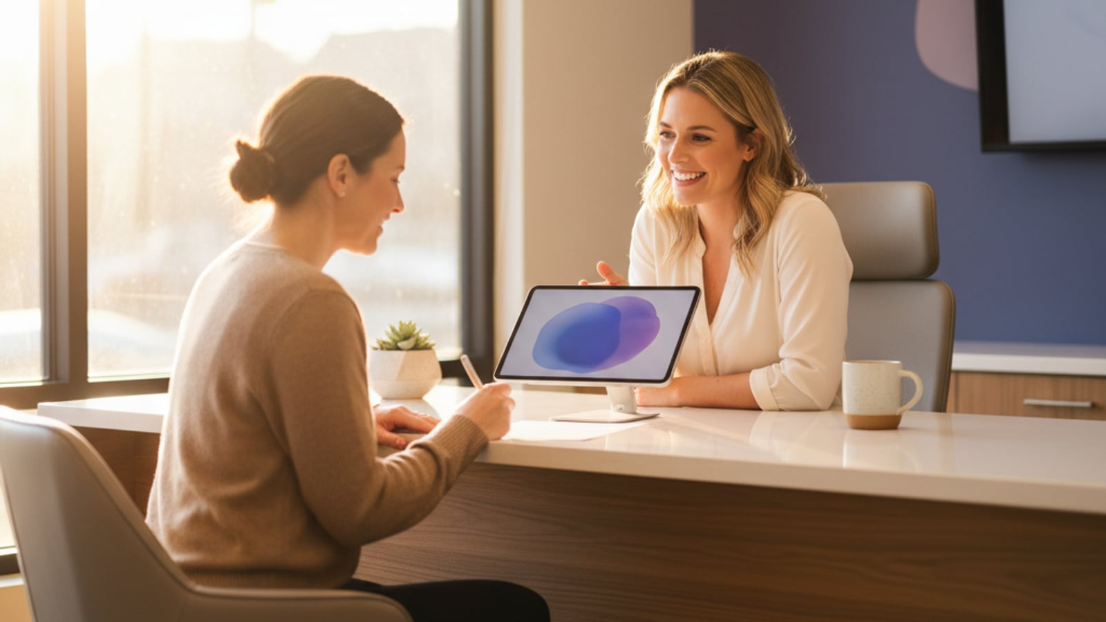 A calm, organized dental front desk with a smiling receptionist assisting a patient, demonstrating efficient document automation.