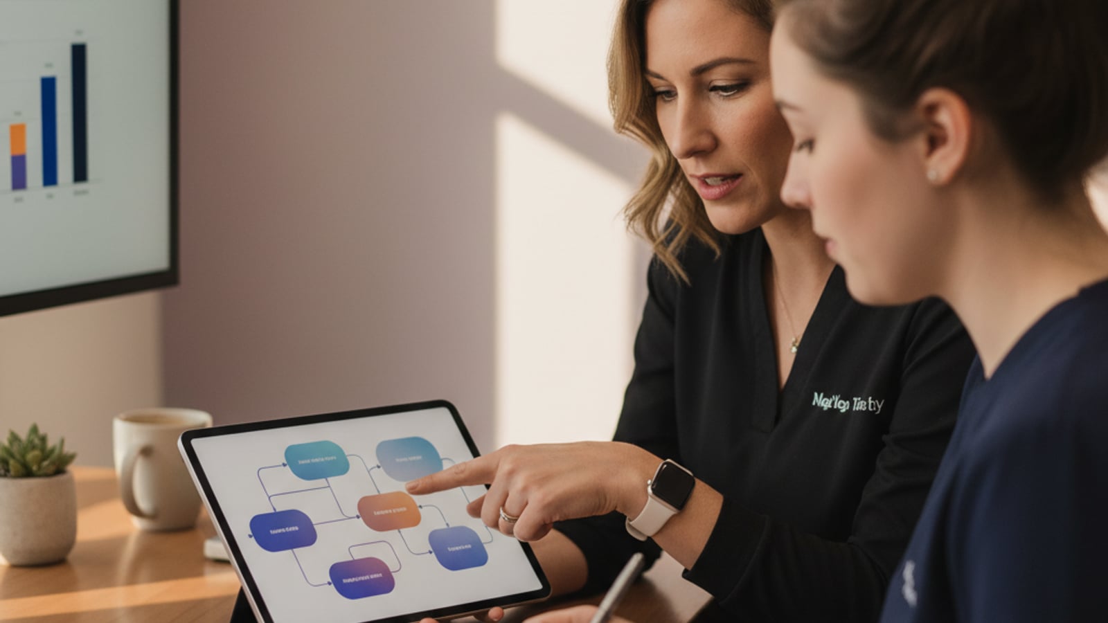 Two dental team members collaborate, studying abstract flow diagrams on a tablet, symbolizing efficient lead nurture automation for dental practices.