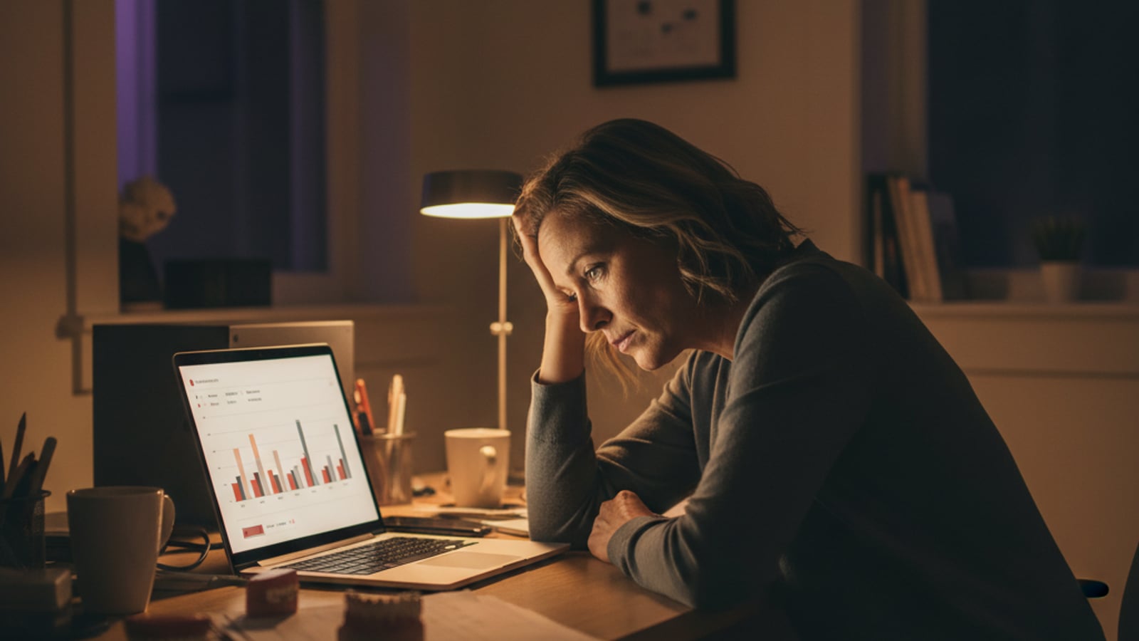 Stressed dental practice owner in a dimly lit office, staring at a laptop with low review scores, grappling with online reputation management.