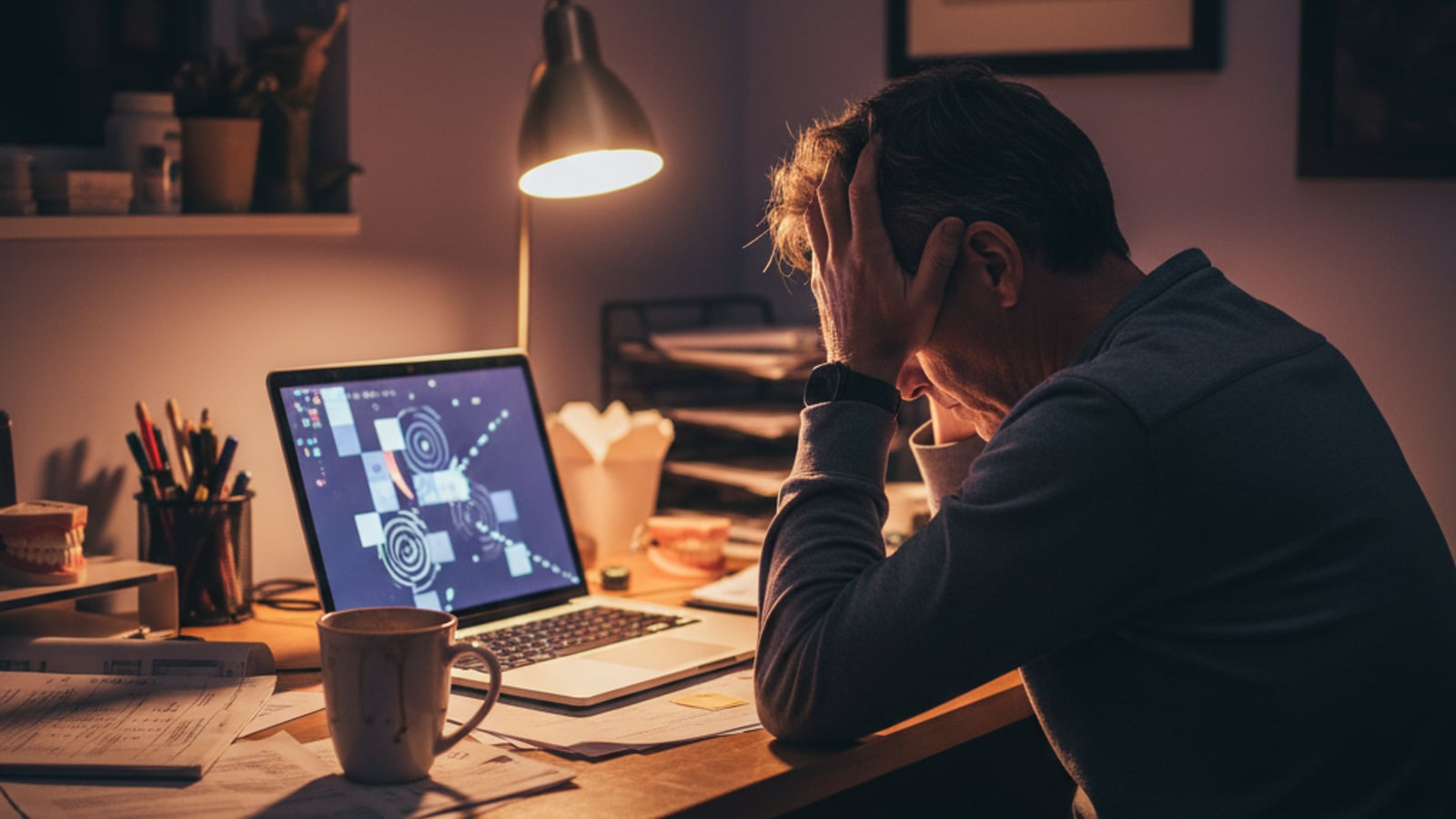 Weary dental practice owner, head in hands, struggles to create consistent social media content for dental practices on a laptop late at night.
