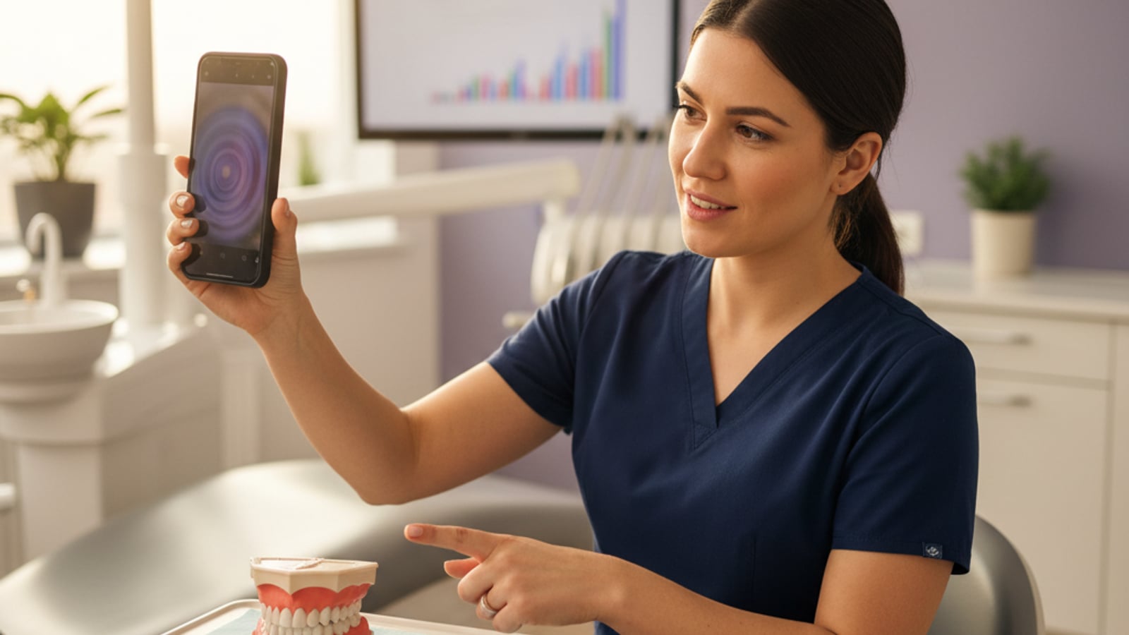 A dental hygienist records educational social media content for dental practices with a smartphone in a bright treatment room.