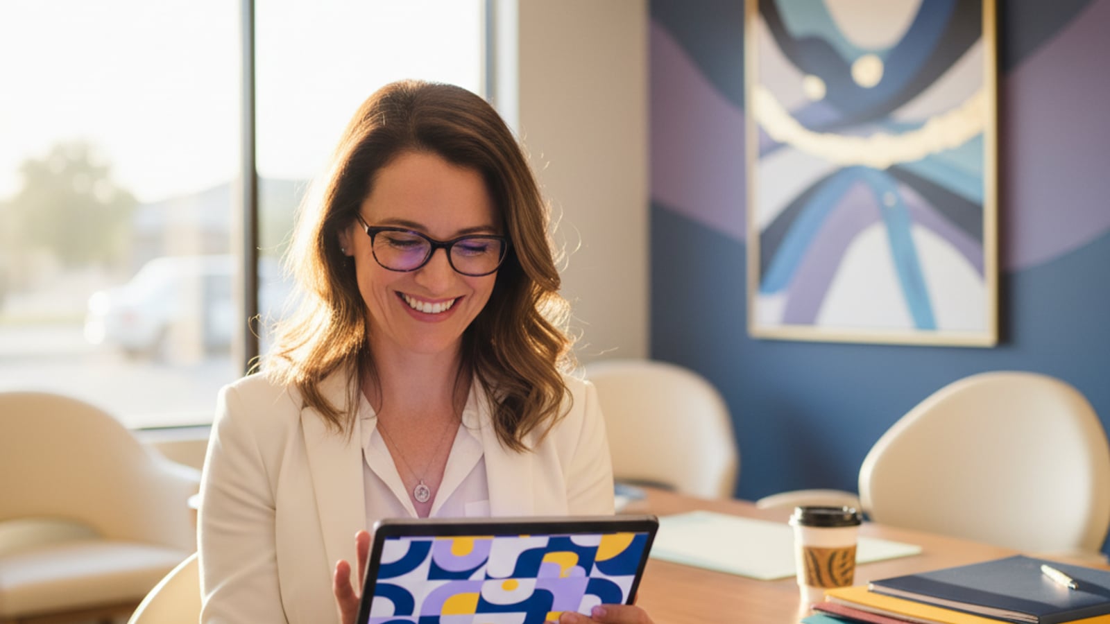 A confident dental practice owner reviews vibrant, consistent social media content for dental practices on a tablet, feeling successful.