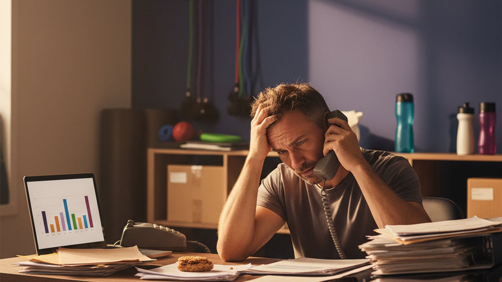 A frustrated gym owner at a chaotic front desk, surrounded by paperwork, struggling with operational leaks. Effective automation for gyms is needed.