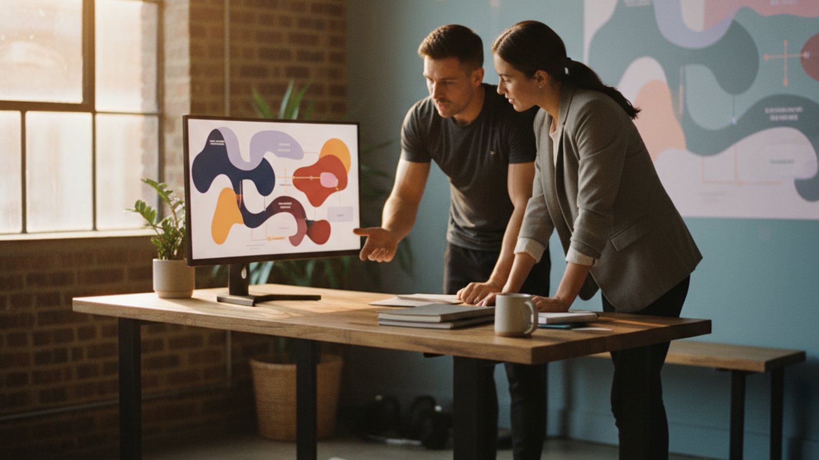 A gym owner and consultant study colorful, abstract data flows on a large monitor, setting up automation for gyms and fitness studios.