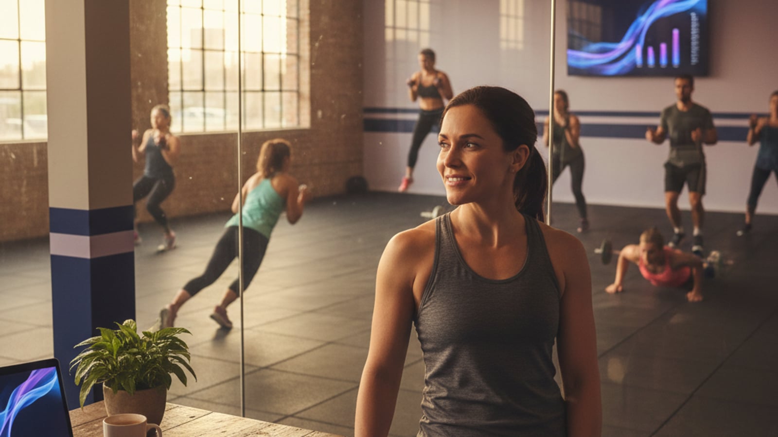 A confident gym owner smiles, observing a bustling, well-attended fitness class, enjoying the success of automation for gyms and fitness studios.