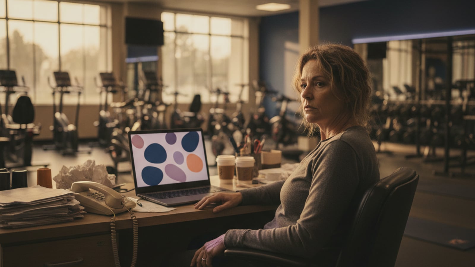 A weary fitness studio owner at a cluttered front desk late at night, phone ringing. An ai chat assistant for gyms and fitness studios could help.