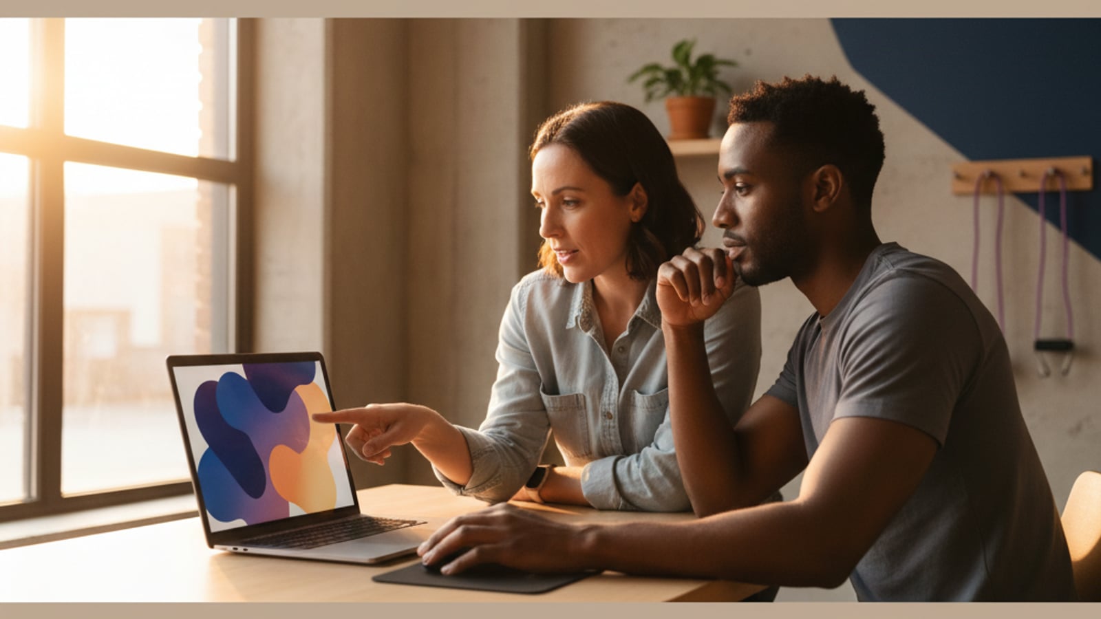 Two people lean over a laptop at a clean desk, configuring an ai chat assistant for gyms and fitness studios.