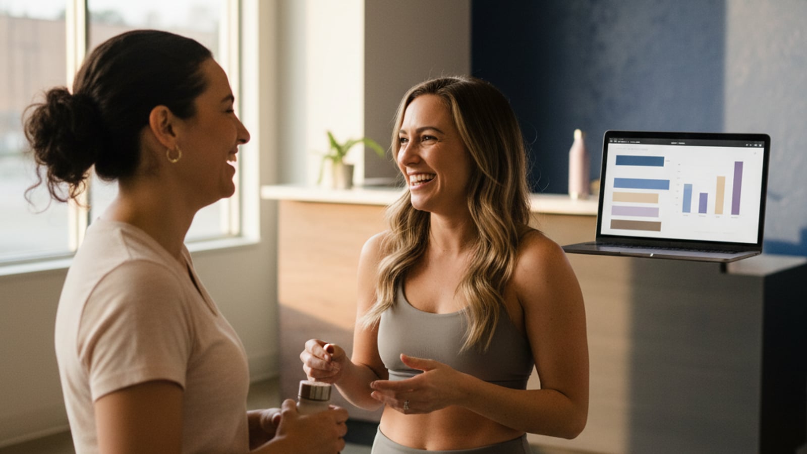 Calm fitness studio owner interacts with member. Quiet front desk, thanks to an ai chat assistant for gyms and fitness studios.