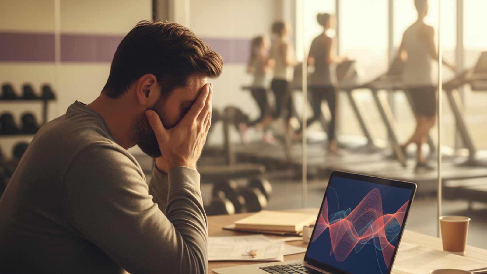 A stressed gym owner at a desk, looking at a complex, abstract dashboard, struggling with member retention system challenges.