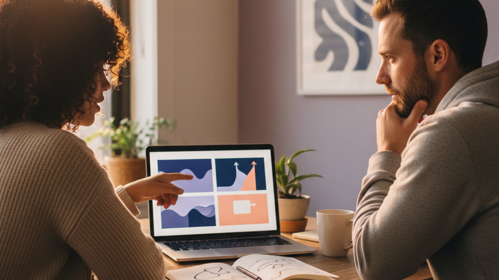 Two studio staff members review an abstract, color-blocked dashboard on a laptop, collaborating on a new member retention system.