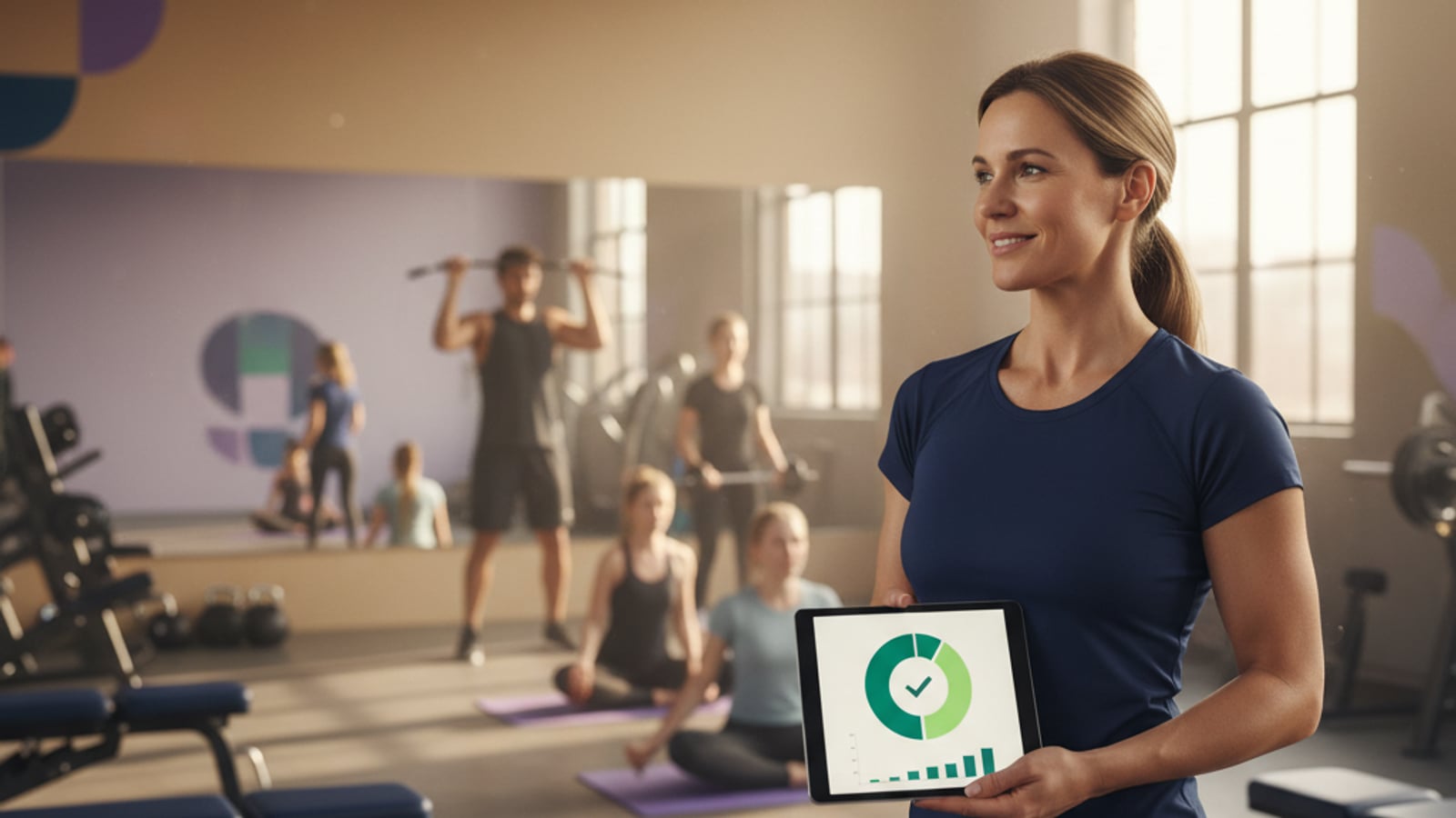 A confident gym owner smiles, observing their busy studio, using a member retention system to achieve peaceful control.
