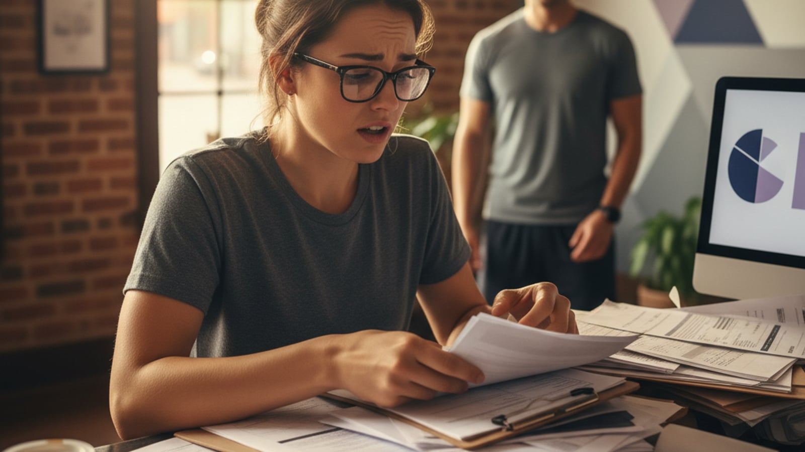 A frustrated gym front desk worker surrounded by stacks of paper forms. The chaos highlights the need for document automation for gyms.