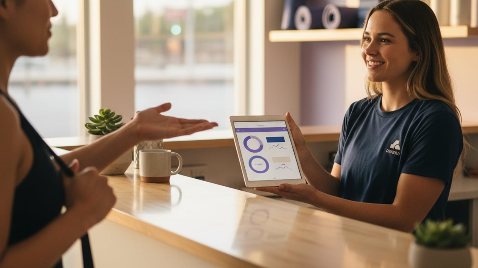 A smiling gym front desk worker holds a tablet with a clean dashboard, confidently greeting a member. Efficient document automation for gyms.