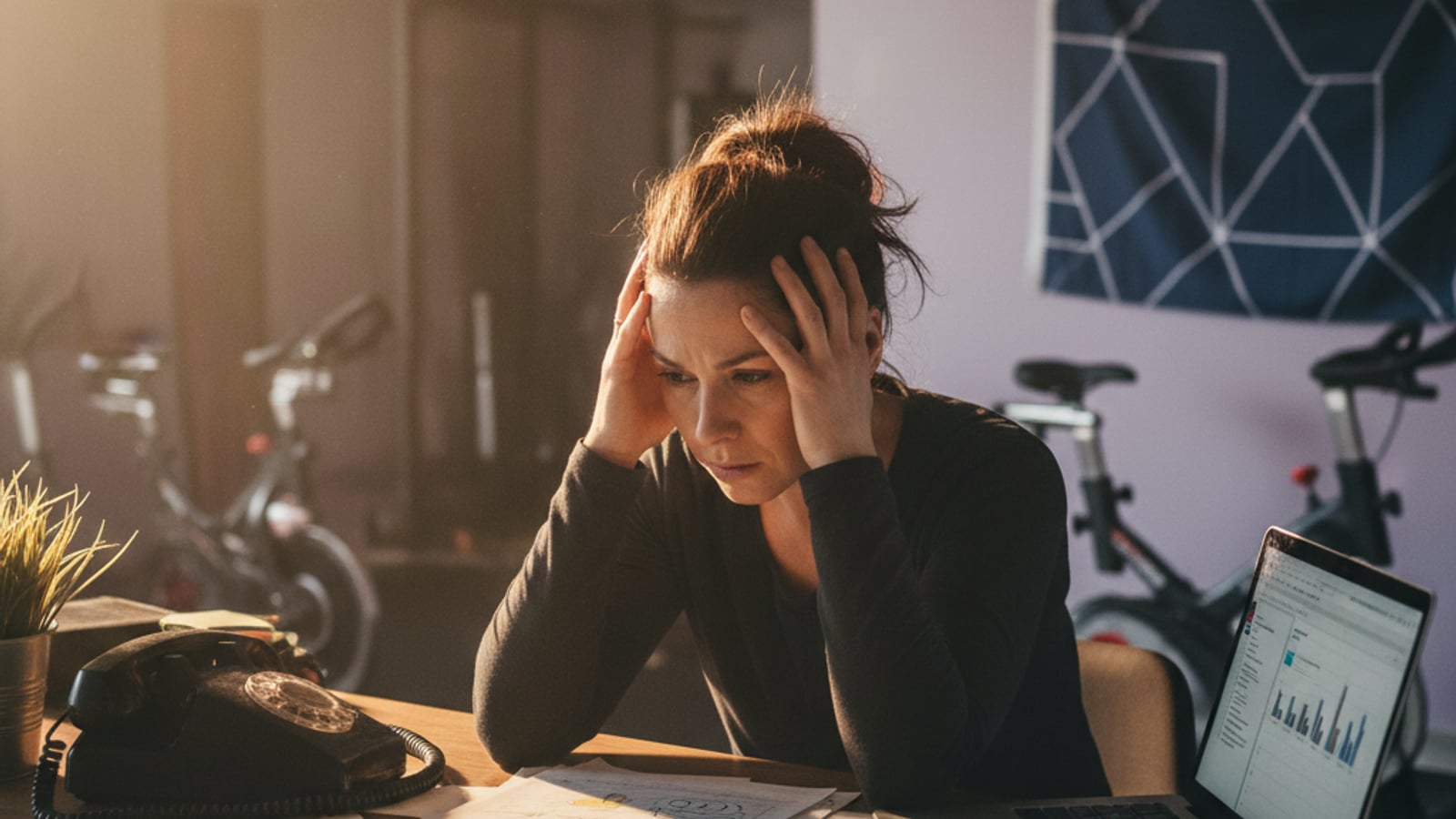 Stressed fitness studio owner at a cluttered front desk, overwhelmed by unanswered inquiries — needs lead nurture automation for gyms.