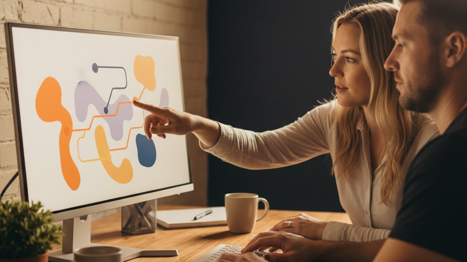 Two fitness studio staff members calmly review a colorful abstract flow diagram, illustrating effective lead nurture automation for gyms.