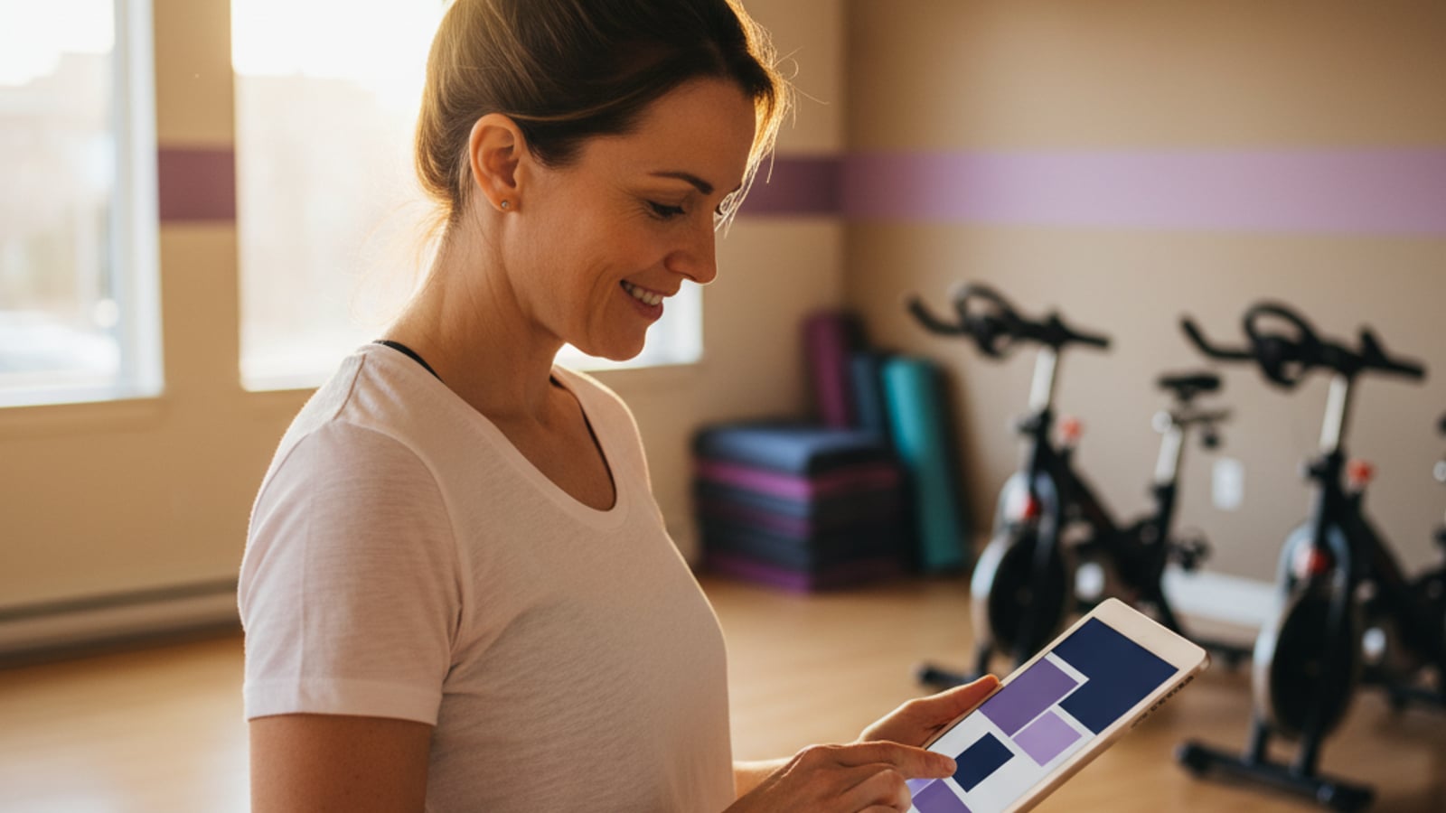 Confident fitness studio owner smiles at a color-blocked dashboard — calm and control from lead nurture automation for gyms.