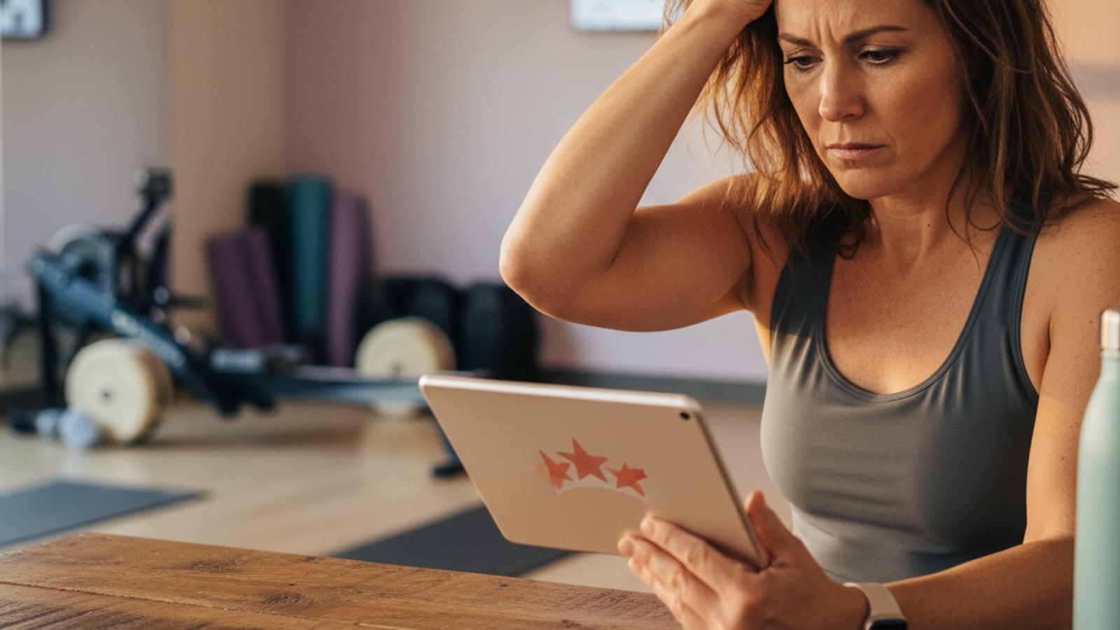 A frustrated fitness studio owner, illuminated by a tablet displaying a low star rating, reflects the pain of poor review management for gyms.