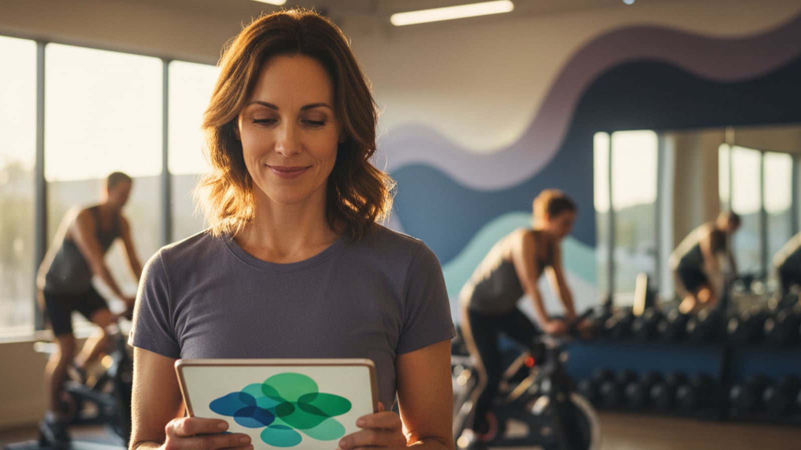 Confident fitness studio owner smiles, viewing a vibrant dashboard on a tablet — successful review management for gyms and fitness studios.