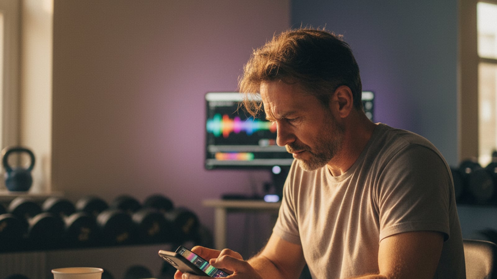 A frustrated gym owner struggles with a smartphone late at night, trying to create social media content for gyms and fitness studios.
